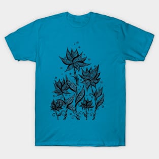 Abstract Flowers Lineart Blue T-Shirt